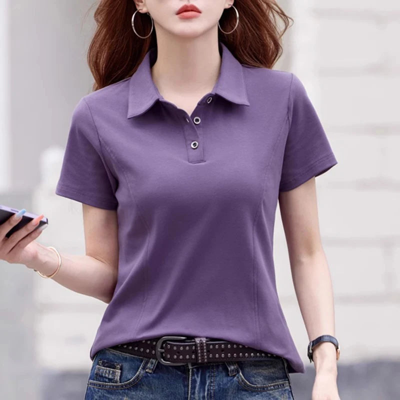 New Women Summer Casual T-shirt Fashion Button Turn-down Collar Short Sleeve Slim Polo T-shirt Simplicity Solid Color T-shirt - Matrix-studios.com