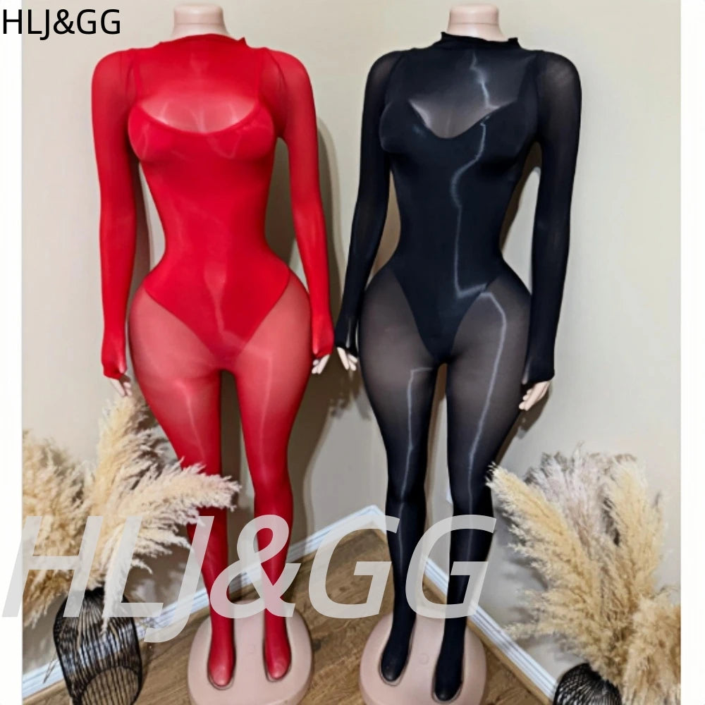HLJ&GG Sexy Mesh See Through Bodycon Jumpsuits And Bodysuits Suits Women Long Sleeve Stretchy Playsuits Party Night Club Overall - Matrix Studios