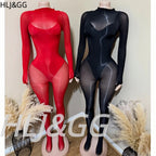 HLJ&GG Sexy Mesh See Through Bodycon Jumpsuits And Bodysuits Suits Women Long Sleeve Stretchy Playsuits Party Night Club Overall - Matrix Studios