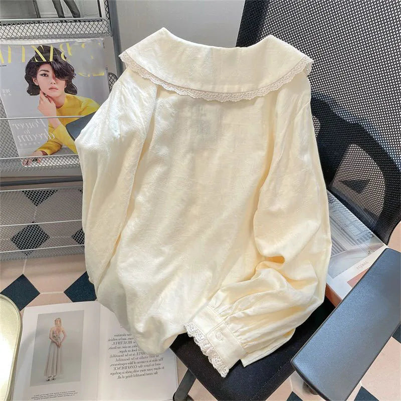 Japanese Style Cute Peter Pan Collar Shirt Women Sweet Lace Spliced Long Sleeved Blouses Woman All-Match Loose Buttons Shirts - Matrix-studios.com