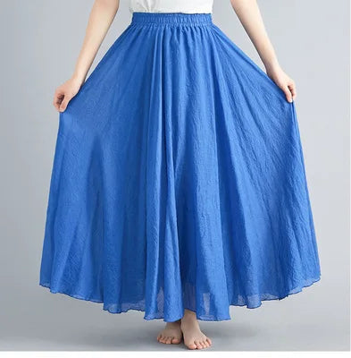 28-Color Mori Girl Literary Cotton Linen Dress Elastic Waist A-line Expansion Skirt Solid Color Ethnic Style Women Long Skirts - Matrix-studios.com