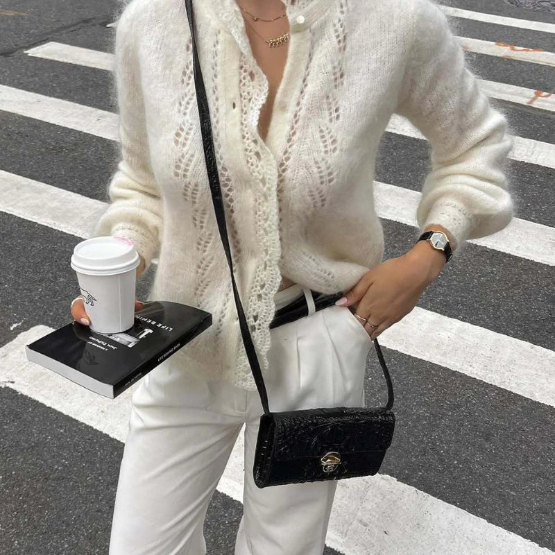 Women's White Cardigan Fashion Hollow Lace Patchwork Loose Sweaters Elegant New Office Basic Autumn Female Cardigan - Matrix Studios
