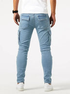 2025 Street Elastic Jeans Men Denim Cargo Pants Wash Solid Color Multi Pockets Casual Mid Waist Trousers Slim Daily Wear Joggers - Matrix Studios