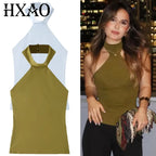 HXAO Halter Top Women Summer 2025 Tanks & Camis Green Blue Tight Tops Sexy Off Shoulder Sleeveless Backless Tops Elegant Vests - Matrix-studios.com