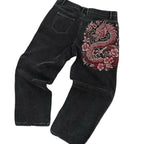 American Trend Retro Gothic Embroidery Graphics Washed Baggy Jeans Women's Y2K New Harajuku Hip-Hop Punk Rock Couple Street Wear - Matrix Studios