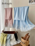 Beiyingni French Elegant Satin Mermaid Skirt Women Spring Summer Lace Patchwork Pack Hip Long A-line Skirts Office Ladies Faldas - Matrix-studios.com