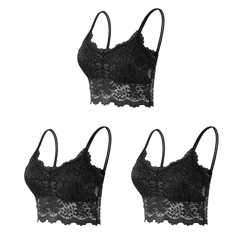 3PCS Women's Lace Bras Top Comfortable Bralette Solid Color Sexy Underwear Vest Female Hollow Out Wireless Lingerie Seamless Bra - Matrix Studios