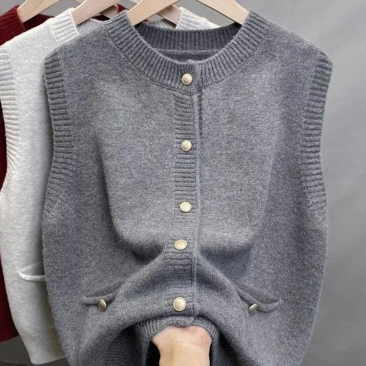 Knitted Sweater Vest Women Gold Buckle O-Neck Sleeveless Chic Red Knit Pullovers Soft Elegant Sweater Fall Winter Vests Clothing - Matrix Studios