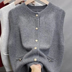 Knitted Sweater Vest Women Gold Buckle O-Neck Sleeveless Chic Red Knit Pullovers Soft Elegant Sweater Fall Winter Vests Clothing - Matrix Studios