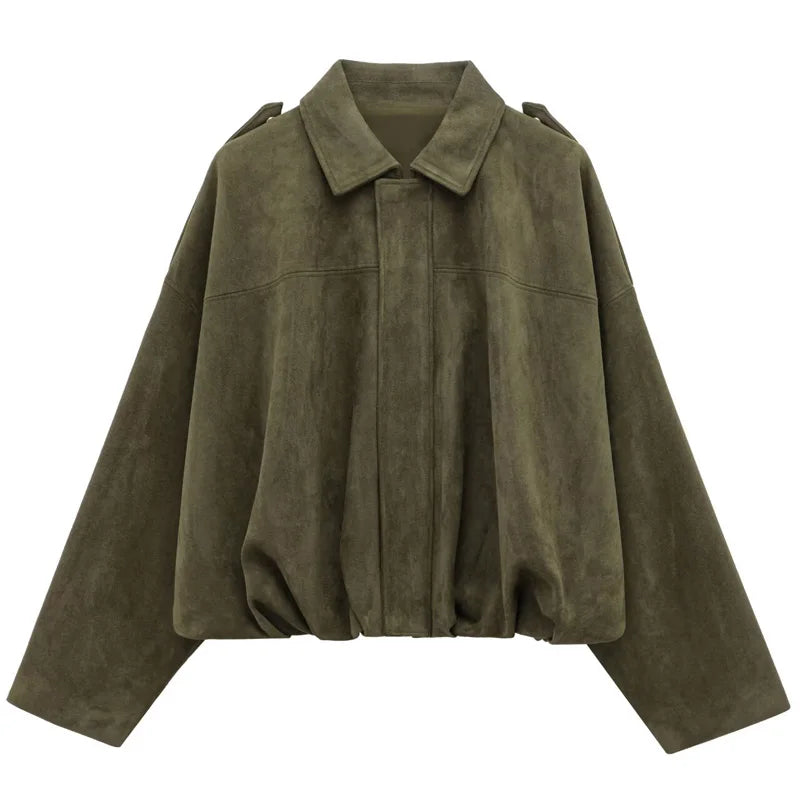 HXAO Women's Bomber Jacket Lapel Long Sleeve Zipper Suede Jacket Women 2025 High Street Cropped Racing Jackets Coats Outerwears - Matrix-studios.com