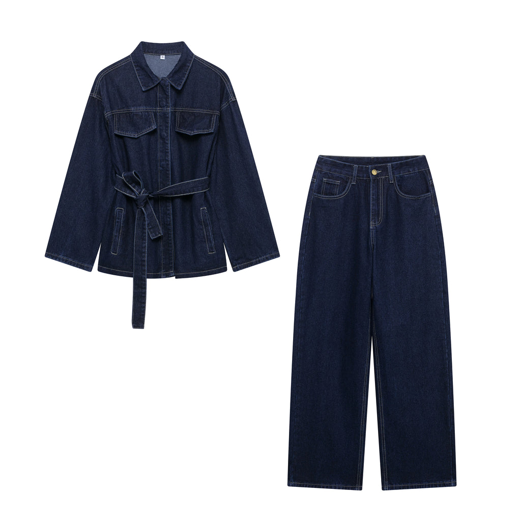 DUOPERI Women Fashion 2 Pieces Sets With Belt Denim  Jackets & Vintage Front Zipper Jeans Trousers Feamle Chic Lady Pants Sets - Matrix-studios.com