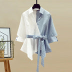 2025 Summer New Stitched Chiffon Shirt Female Set Elegant Women's Jeans Casual Blouse Two Piece Set Ladies Tracksuits - Matrix-studios.com