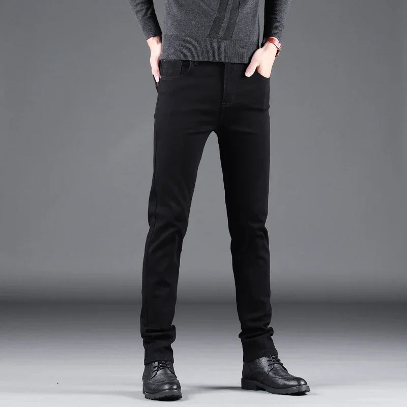 Spring Autumn New Men's Pure Black Slim Jeans Elastic Straight Pants Business Fashion Leisure Korean Vintage Denim Pants Male - Matrix Studios