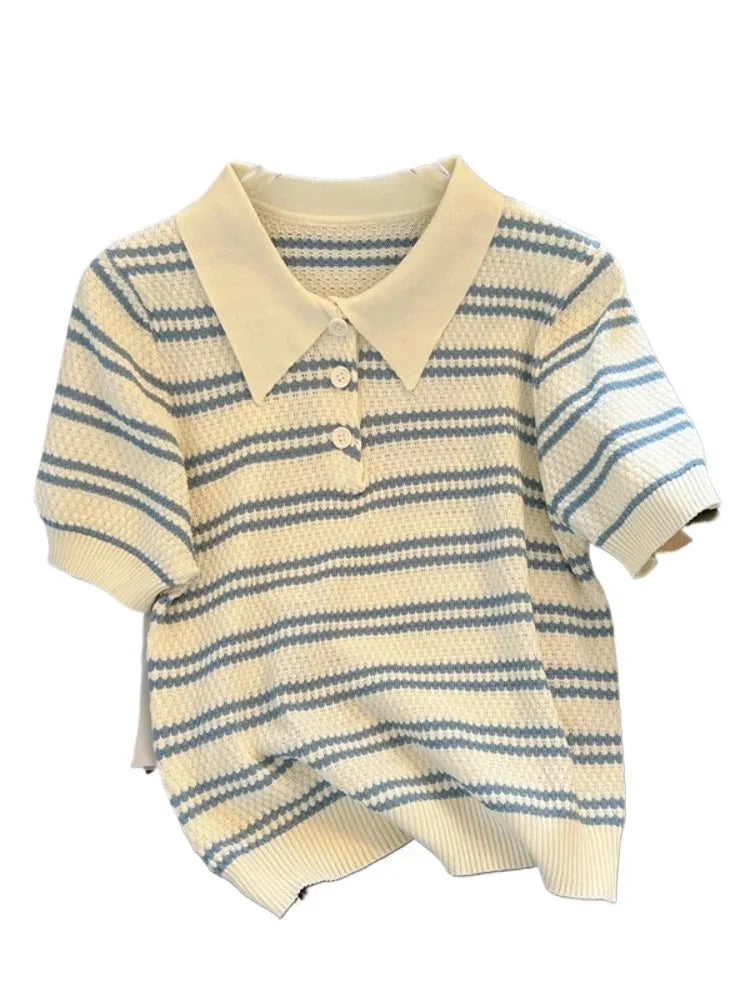 2025 Polo Neck New Womens Knitting T-Shirt Striped Short Sleeve Women T Shirt for Female Slim Tops Woman T Shirts Clothing S145 - Matrix-studios.com