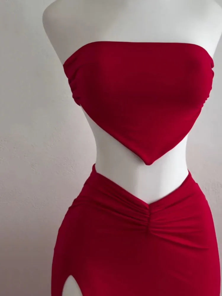 Strapless Backless Crop Top High Waist Skirt 2 Piece Set Women Summer Sexy Slim Fit Split Midi Dress Tube Suits Party Club Sets - Matrix-studios.com