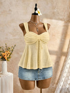 Women Sweetheart Neck Drawstring Ruched Peplum Cami Top Polka Dot Print Sleeveless Casual Camisole Outfit - Matrix-studios.com