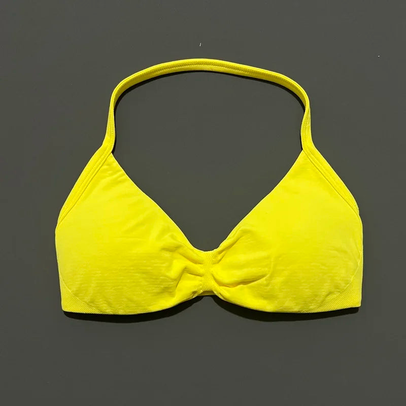 HISTELLO Strappy Bra Gym Top Women High Support Thin Strap Halter Sports Seamless Bras Scrunch Push-up Workout Yoga Tank Tops - Matrix Studios