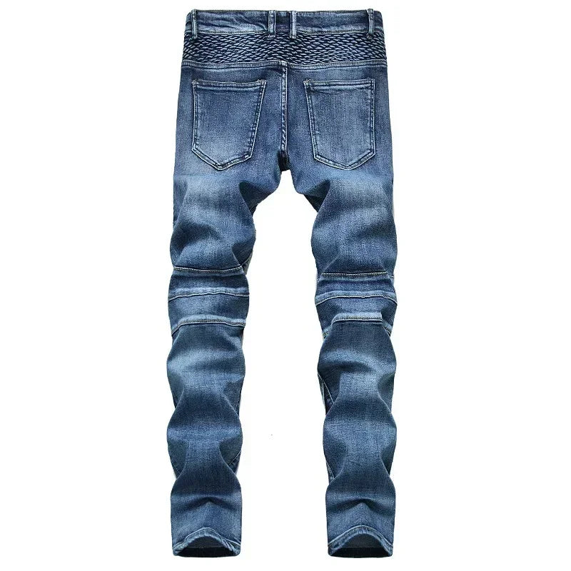 Men's New Casual Motorcycle Jeans Hip Hop Street Riding Stretch Slim Fit Straight Pants Patchwork Fashion Denim Trousers Male - Matrix Studios