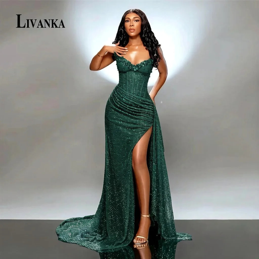 LIVANKA Sweetheart Neck Mermaid Evening Dresses Side High Split Floor-Length Prom Dresses Beading Customized Vestidos De Fiesta - Matrix Studios