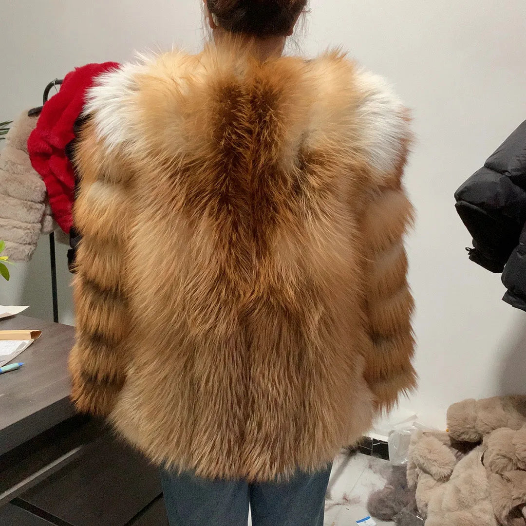 HUA QIU MEI SI Natural Red Fox Fur Jacket for Women's Winter Warmth 100% True Fur Leather Jacket Red Fox Jacket - Matrix Studios