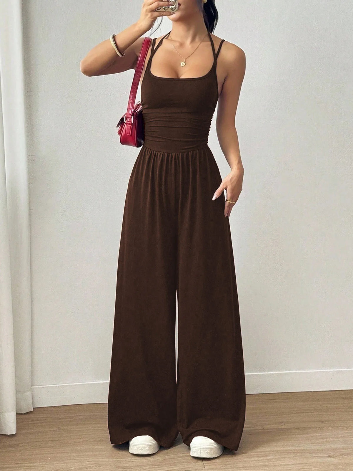 Women's Casual Solid Color Pleating Loose Straight Jumpsuit A-line Backless Halter Neck Slim Cami Jumpsuit Streetwear 2025 - Matrix Studios