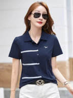 New Women Summer Cotton Polo T-shirt Fashion Turn-down Collar Short Sleeve Contrast Color T-shirt Casual Simplicity Loose Tees - Matrix-studios.com