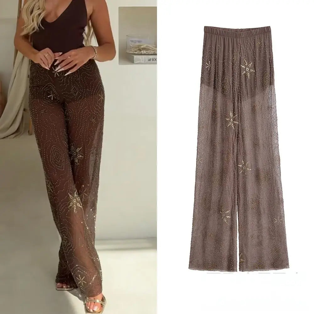 KONDALA Sexy Chic Women Transparent Pants Sequins Straight Wide Leg Pants Fashion 2025 Spring Summer Holiday Party Trousers