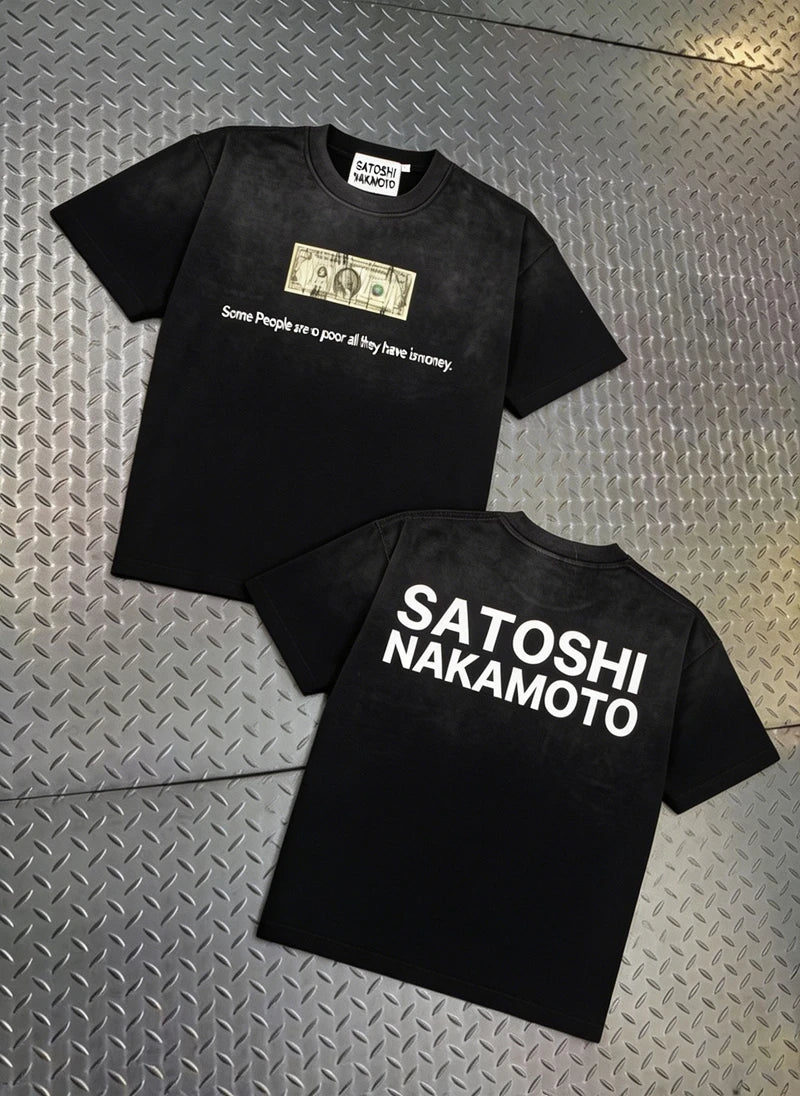 Summer White Ink Direct Spray Satoshi Tshirt Graffiti Dollar Print Letter Logo Cotton Round Neck Short Sleeve Top Tees Men Women - Matrix-studios.com