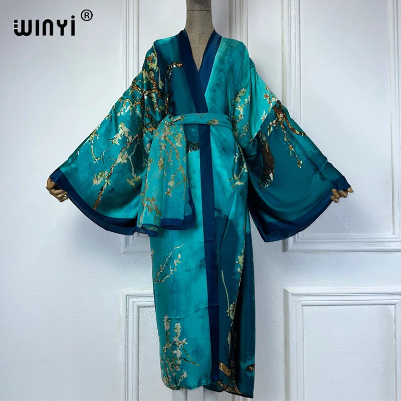 WINYI Kimono Women Summer Fashion Print Long Sleeve Cardigan Female Loose Abaya Casual Beach Cover Up Boho Dress With Scarf - Matrix Studios