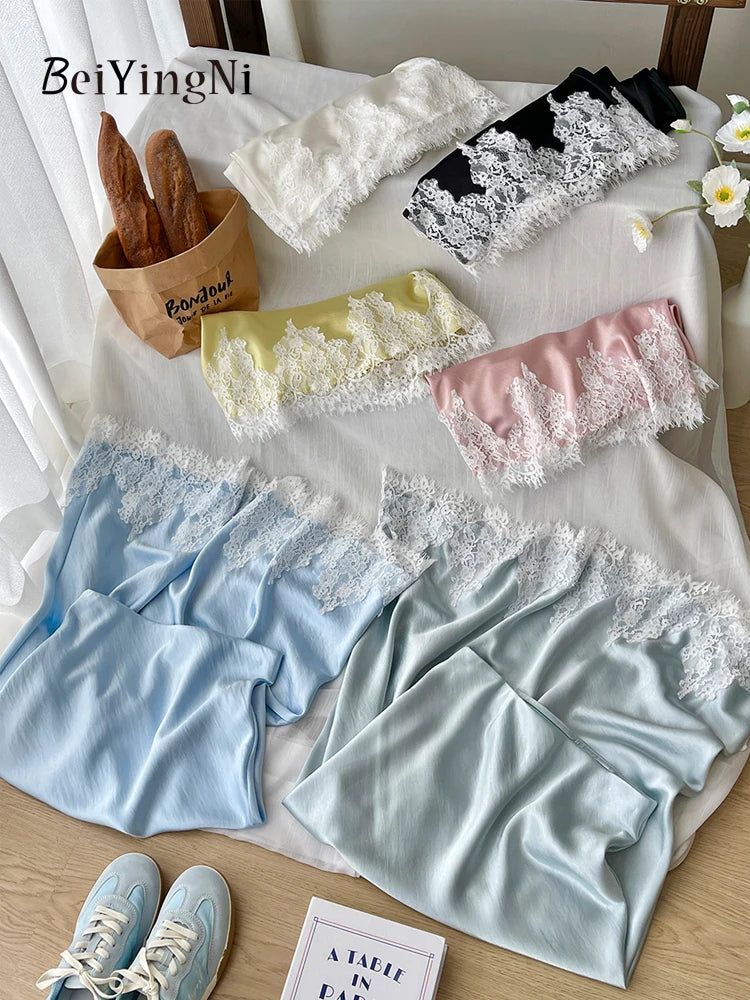 Beiyingni French Elegant Satin Mermaid Skirt Women Spring Summer Lace Patchwork Pack Hip Long A-line Skirts Office Ladies Faldas - Matrix-studios.com