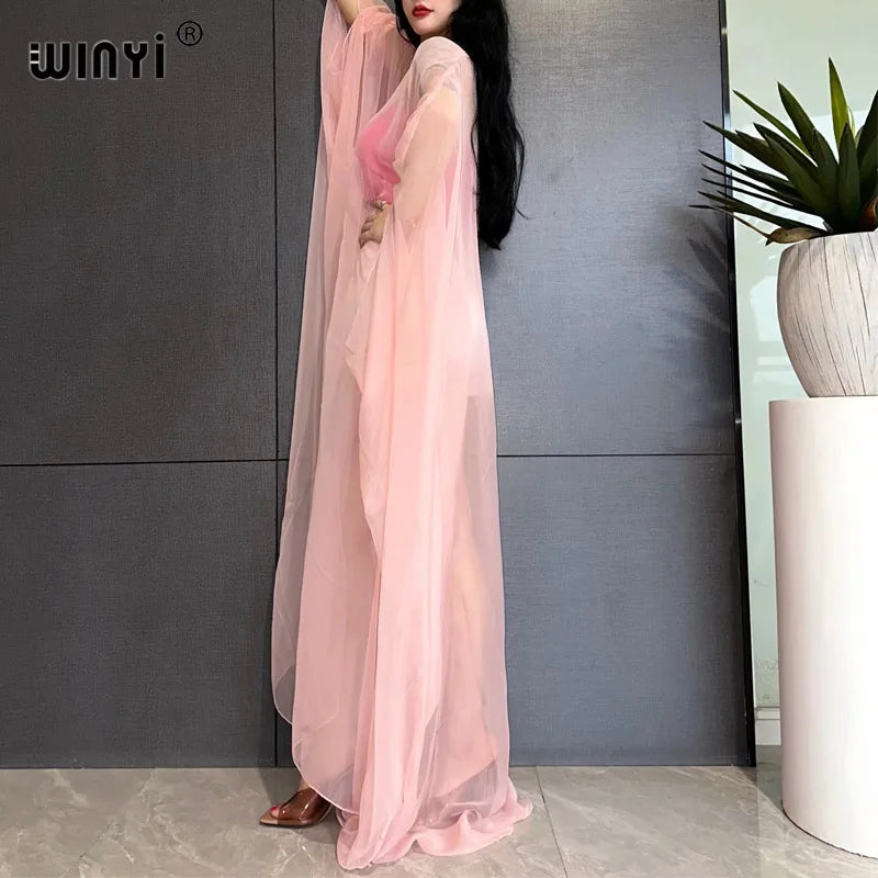 WINYI Beach Sexy Cover Ups for Swimwear Women Kimono Swimsuit Cape Summer Dress 2023 Beachwear Monochrome Perspective Yarn Dress - Matrix Studios