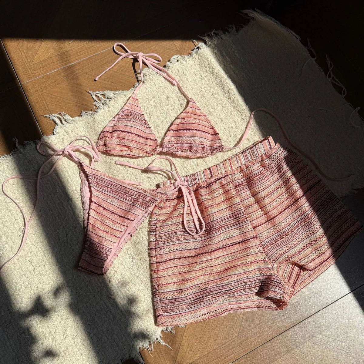 Sexy Knitted Striped Halter Tie Bikinis Sets Three Pieces with Shorts Swimsuits Beachwear Bathing Suit Swimwear Biquini Tankini - Matrix-studios.com