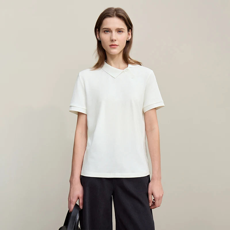 Amii Women's Polo Shirt 2026 Summer Asymmetric Placket Short Sleeve Tee Lapel Collar Casual Layering T-Shirt For Women 12622015 - Matrix-studios.com