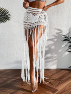 Crochet Tassel Bikini Cover Up Dress Beach Wear Women Tie Up Bather Bathing Suit Tassel Long Skirt Swimsuit Cover Up Beach Dress - Matrix Studios