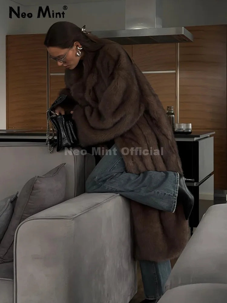 Neo Mint Winter Warm Fluffy Gradient Eco Fur Jacket Women Luxury Long Faux Fox Fur Coat Street Furry Outerwear Overcoat - Matrix Studios
