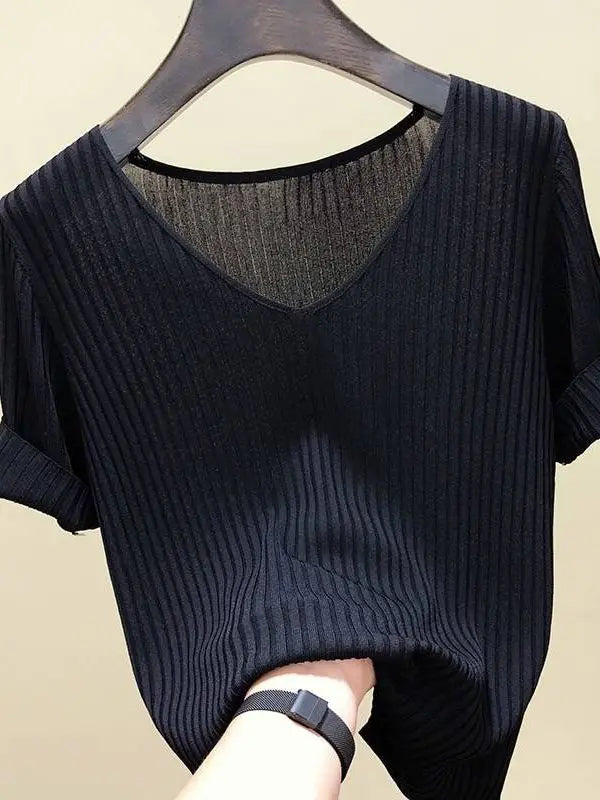 AOSSVIAO 2026 Basic V-neck Solid Thin Summer Women Pullover Female Thin Knitted Ribbed Sweater Slim Short Sleeve Bodycon Sweater - Matrix-studios.com