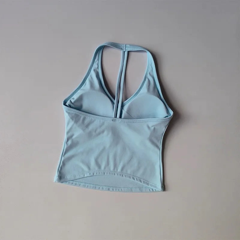 Women's Sexy V-Neck Fitness Bra Nude Sports Bra Hanging Neck Yoga Suit Vest Comfortable Breathable Gym Top for Active Wear - Matrix Studios