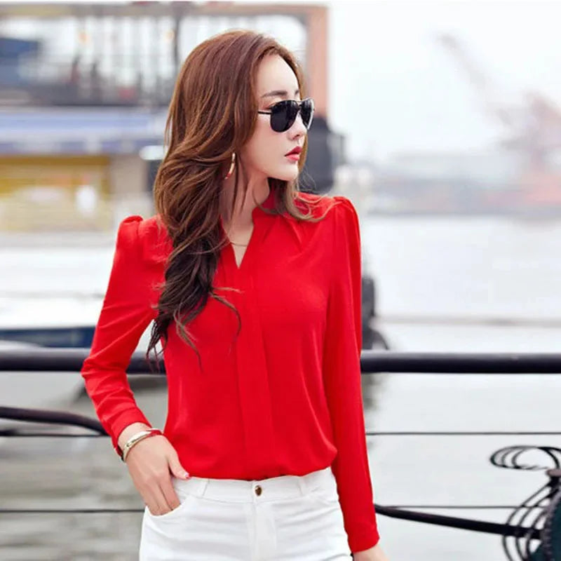 Long Sleeve Shirt Women Autumn Clothing Fashion Slim Blouse V Neck Korean Elegant Ladies Office Shirts White Red - Matrix-studios.com