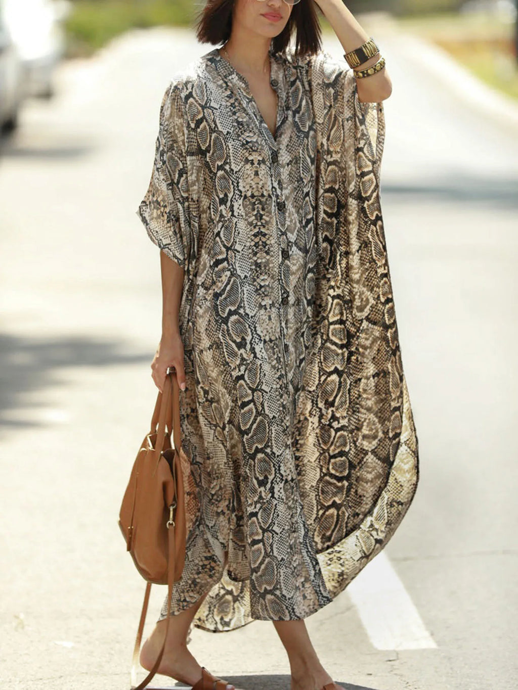 Bohemian Print Beach Cover-Up | Button-Front Shirt-Style Kaftan Robe – Perfect for Bikini Resort Vacations - Matrix Studios
