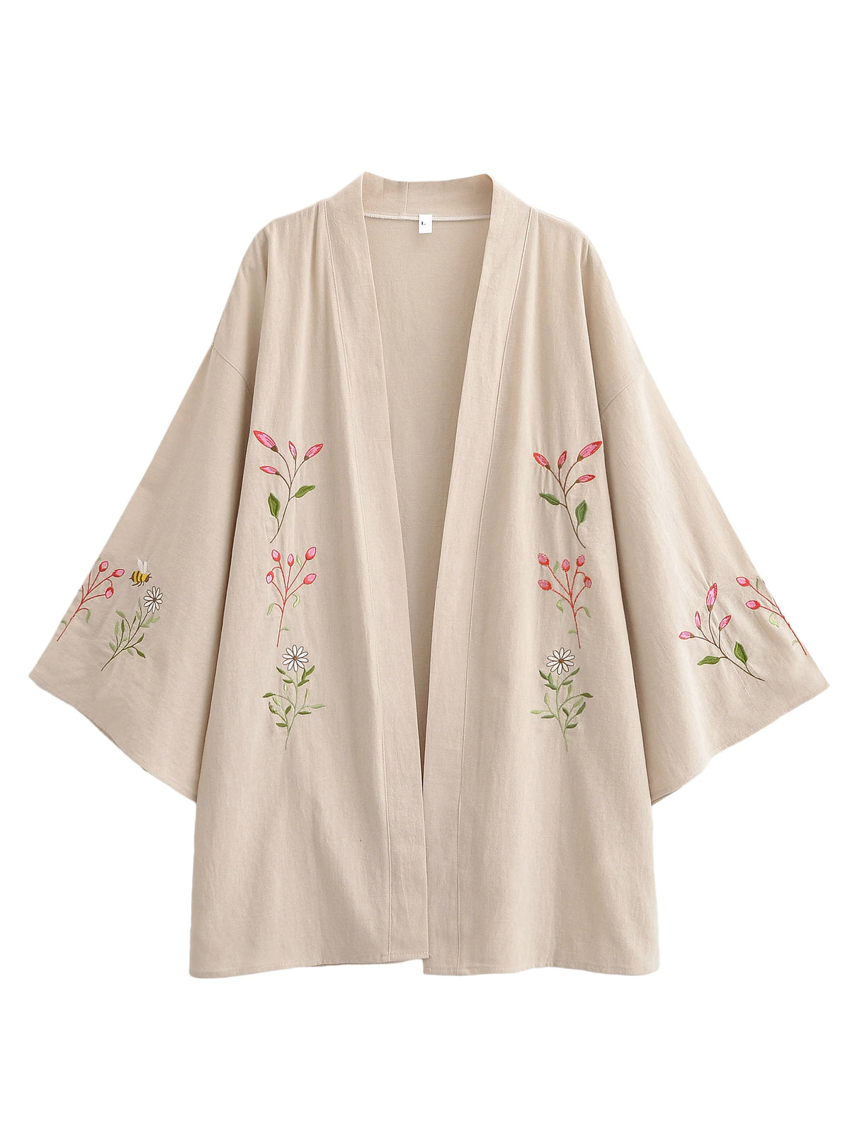 Vintage Chic Women Flowers and Bees Embroidery Bat Sleeve Beach Bohemian Kimono Dress Ladies V Neck Summer Boho Bikini Cover-ups - Matrix Studios