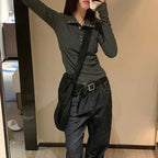 Y2K High Street Women Sweaters New Gray White Button Up Bottoming Pullover Woman Slim Fit Long Sleeve Knitted T-Shirt - Matrix Studios