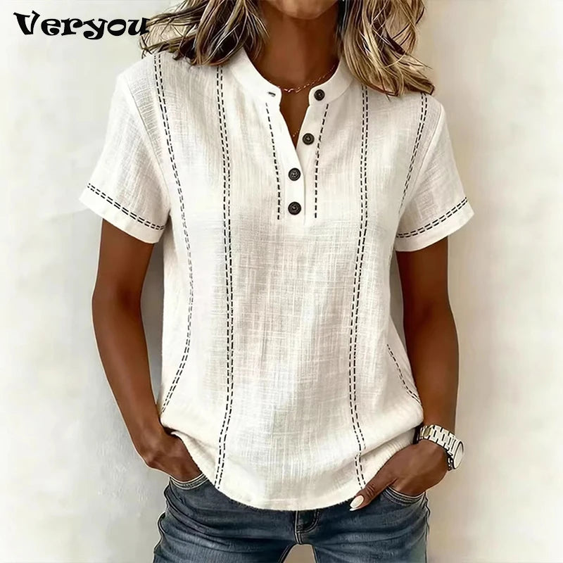 Elegant Women Blouse Shirt V Neck Button Patchwork Short Sleeve Shirts For Women Summer Striped Loose Tee Women Casual T-shirts - Matrix-studios.com