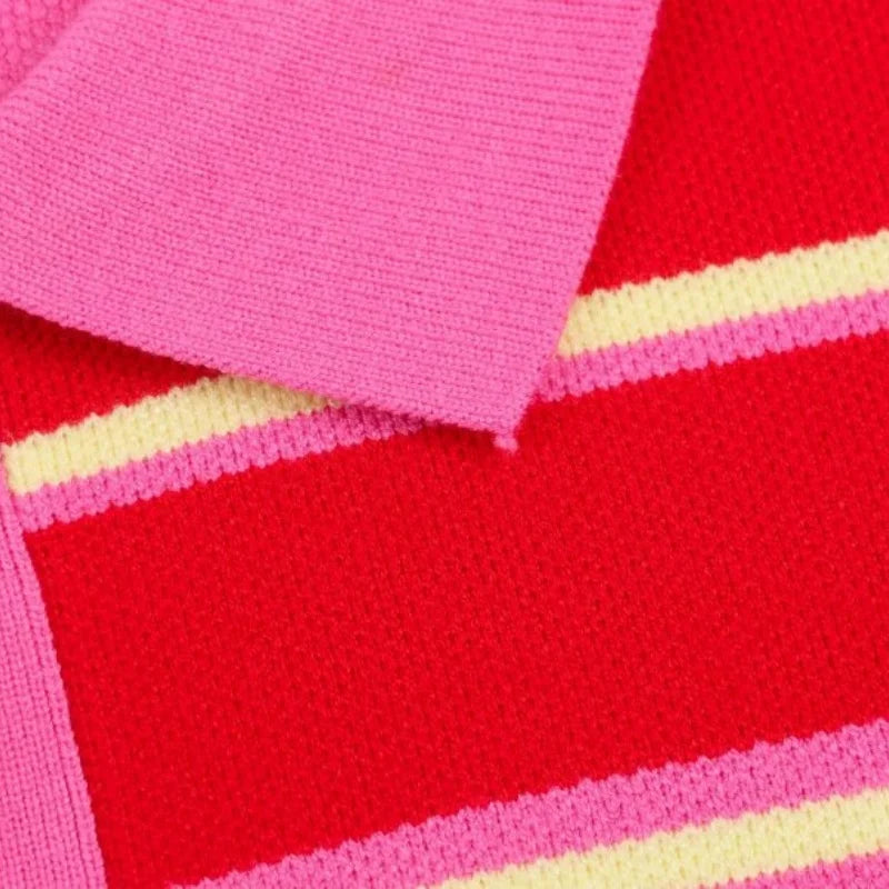 2026 Pink Red Striped Polo Knit Pullover - Women's Turn Down Collar Long Sleeve Loose Top, Spring Autumn Casual Wear for Daily - Matrix-studios.com