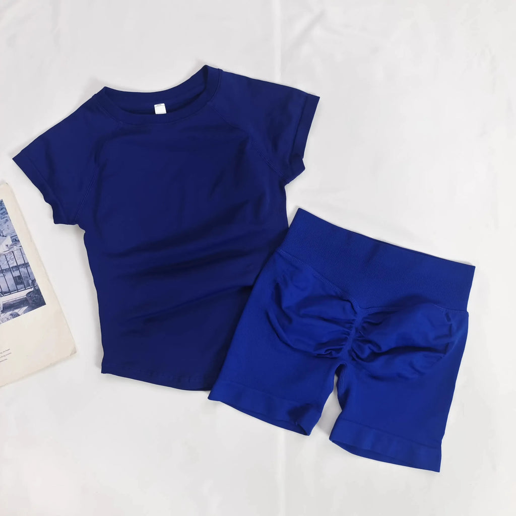 Women's Summer 2 Piece Yoga Outfit Slim Fit Short Sleeve Top High Waist Tummy Lifting Butt Shaping Shorts for Gym Running Daily - Matrix-studios.com