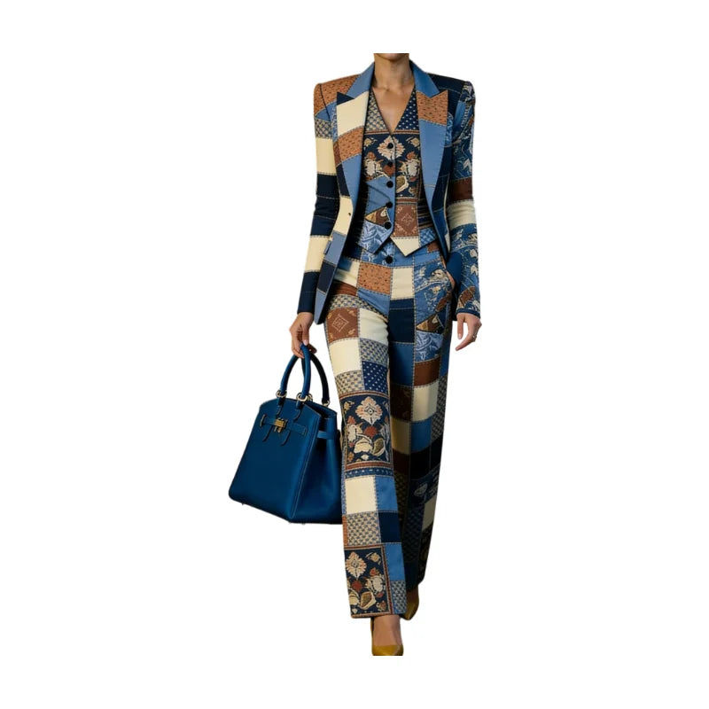 Women's Three Piece Patchwork Printed Lapel Blazer Vest Wide Leg Pants For Business Dinner Street Fashion Occasions - Matrix-studios.com