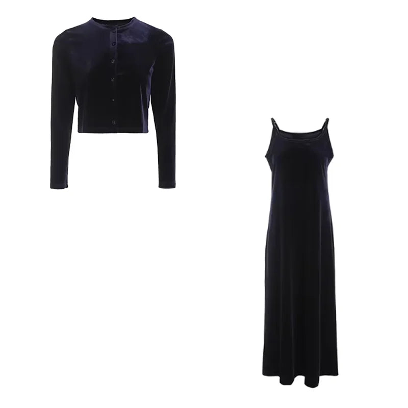 2024 Autumn Women Solid Color New Sleeveless Dress Single-breasted Long-sleeved Cardigan And Long Robes Female Casual Clothes - Matrix-studios.com