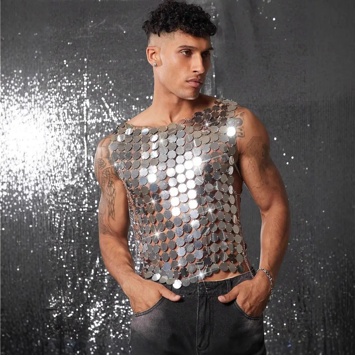Nightclub Sparkling Sequined Vest Men'S Clothing Party Stage Performance Metallic Beaded Top  Silver Openwork Sexy Clothing - Matrix Studios