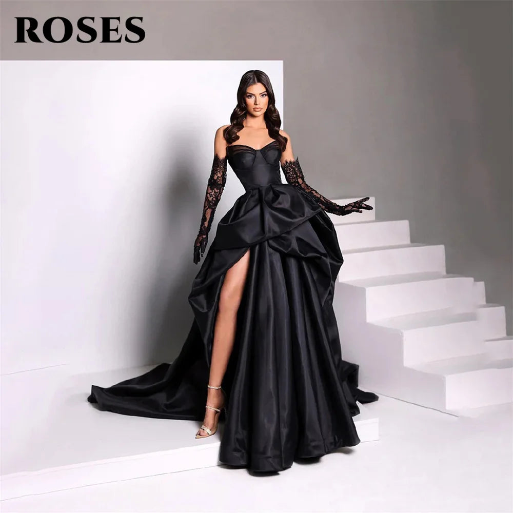 ROSES A Line Black Prom Dresses Sweetheart Stain Party Dresses Pleat Side Split robes du soir Sleeveless Wedding Darty Dresses - Matrix Studios