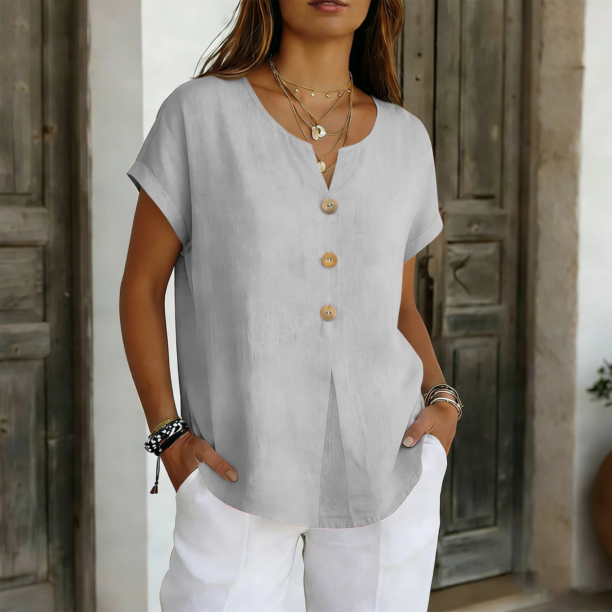 2026 Summer Basic Blouses Women's Shirts Solid Color Casual Short-Sleeve Cotton Linen Fashion Plus Size V-Neck Loose Button Tops - Matrix-studios.com