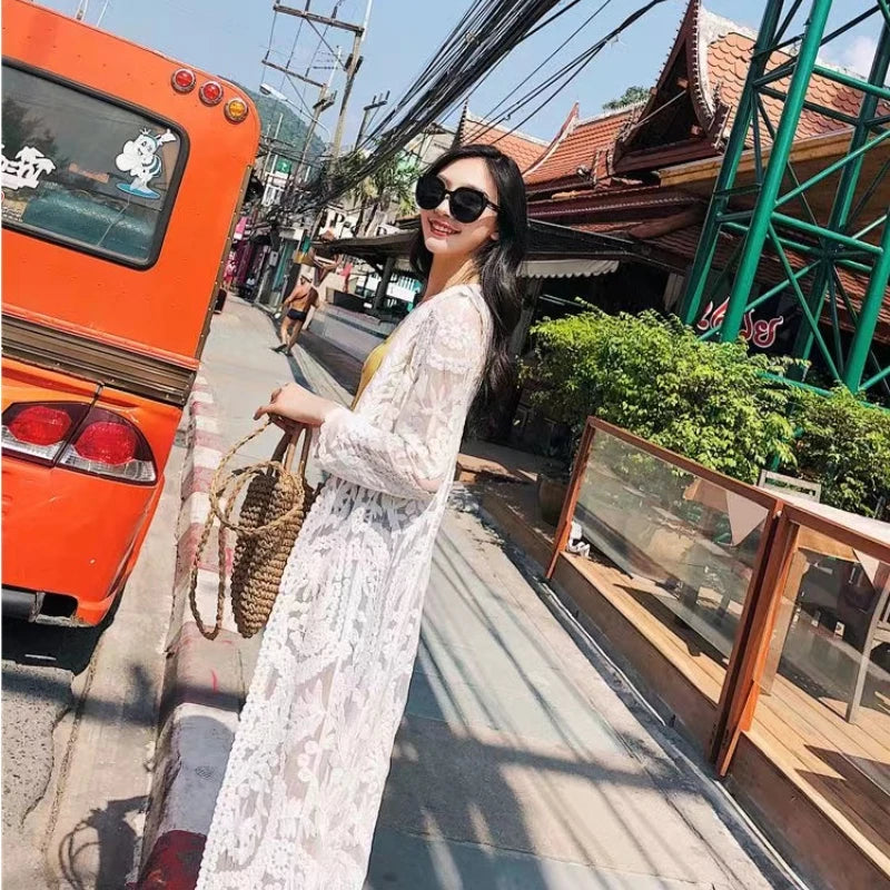 2024 Dress Beach White Lace Summer Maxi Dress Women Long Sleeve Beach Cover Up Sexy See Through Boho Bikini Beachwear Cover-ups - Matrix Studios